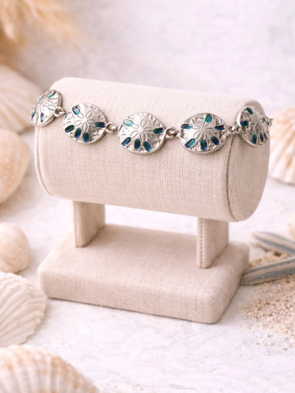 Silver Sand Dollar Bracelet Coastal Beach with Blue Teal Accent Stones - Picture 2 of 6